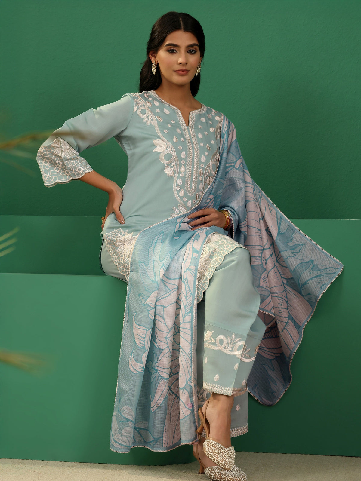 Anouk Light Sea Green Floral Embroidered Silk Blend Farshi Suit Set