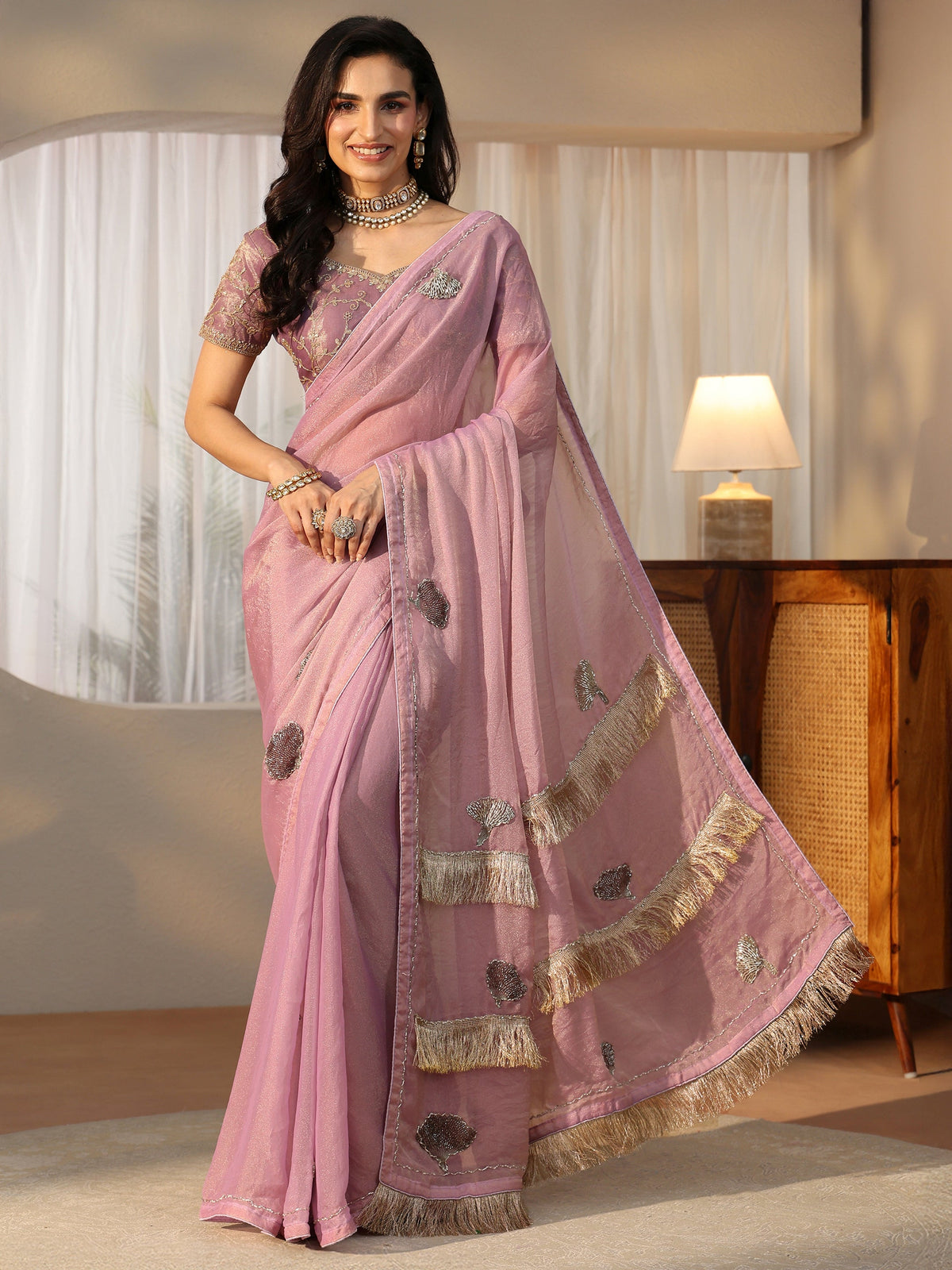 Anouk Lilac Tissue Saree with Tassel Embellished Pallu