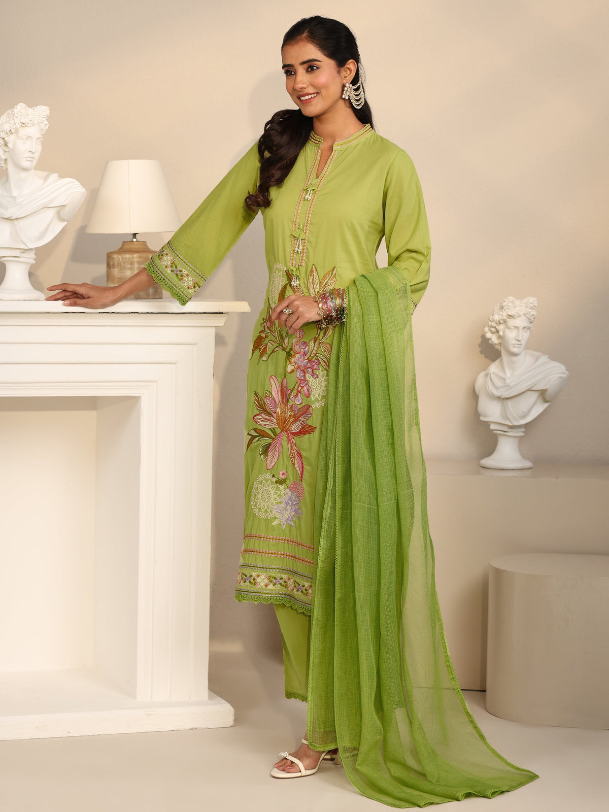 Anouk Lime Green Floral Embroidered Cotton Straight Suit Set