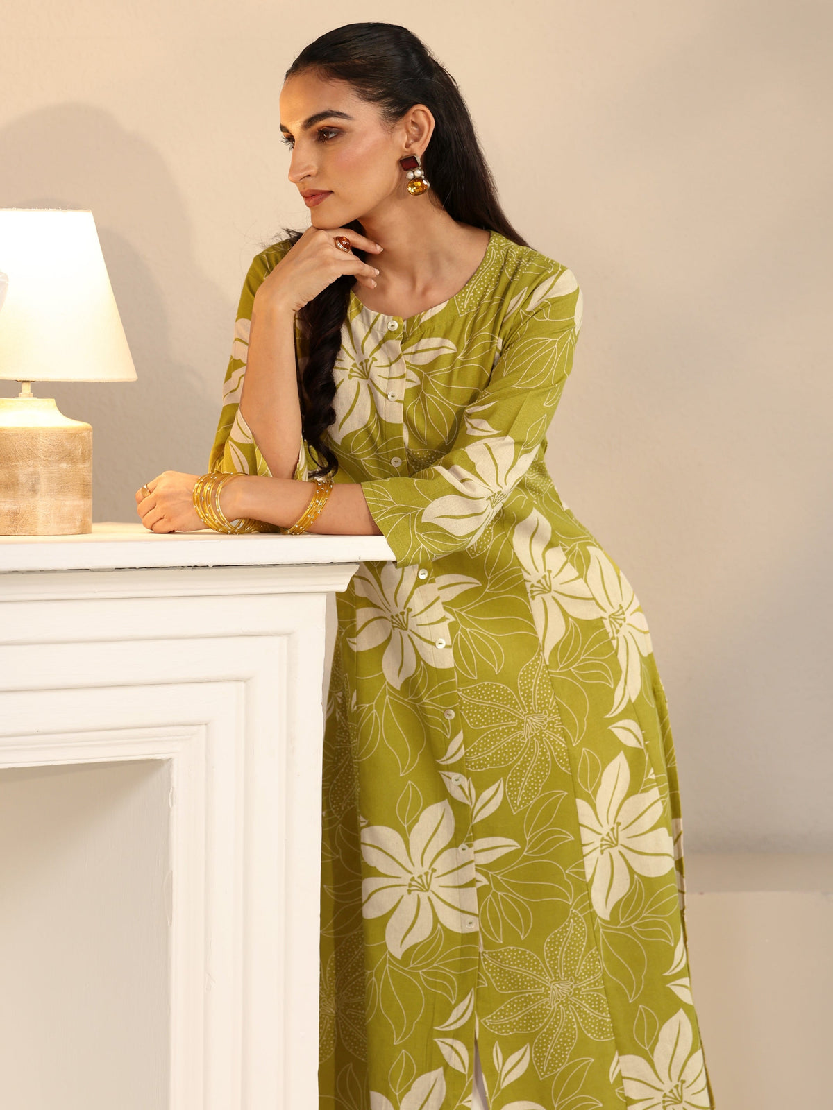 Anouk Lime Green Floral Printed Cotton Blend A-line Kurta