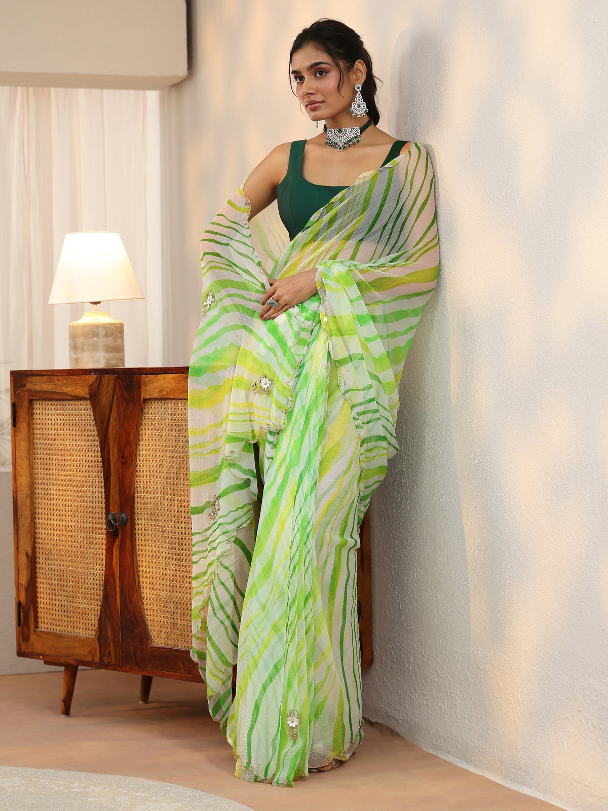 Anouk Lime Green Leheriya Printed Chiffon Saree