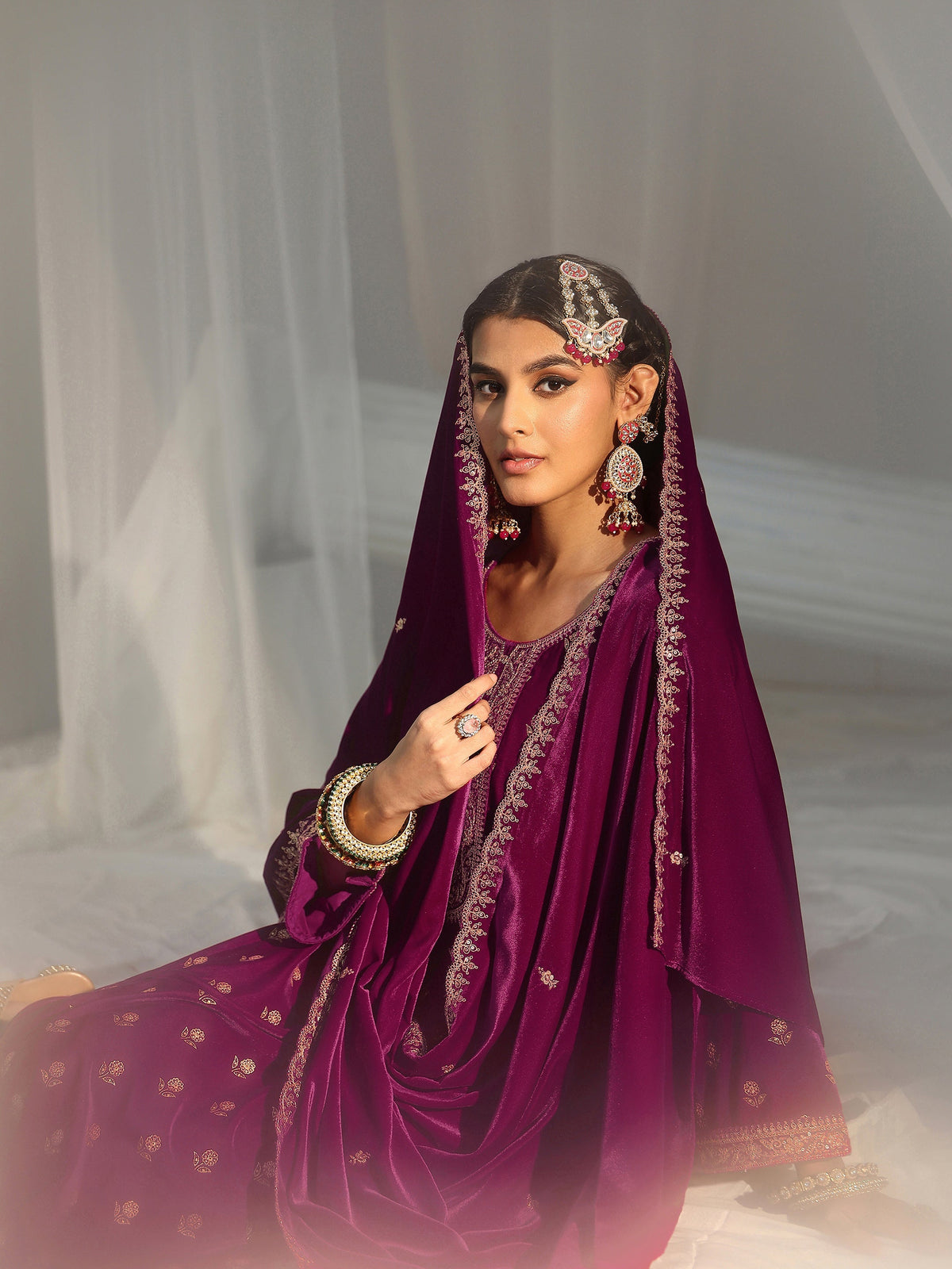 Anouk Magenta Floral Embroidered Velvet Straight Suit Set