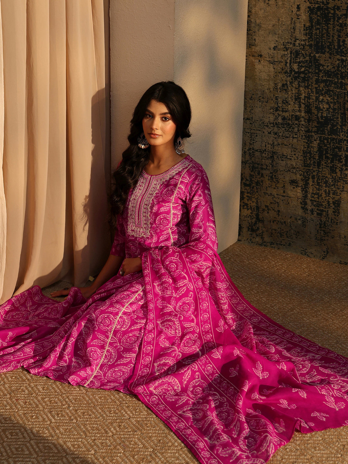 Anouk Magenta Floral Printed Cotton Straight Suit Set