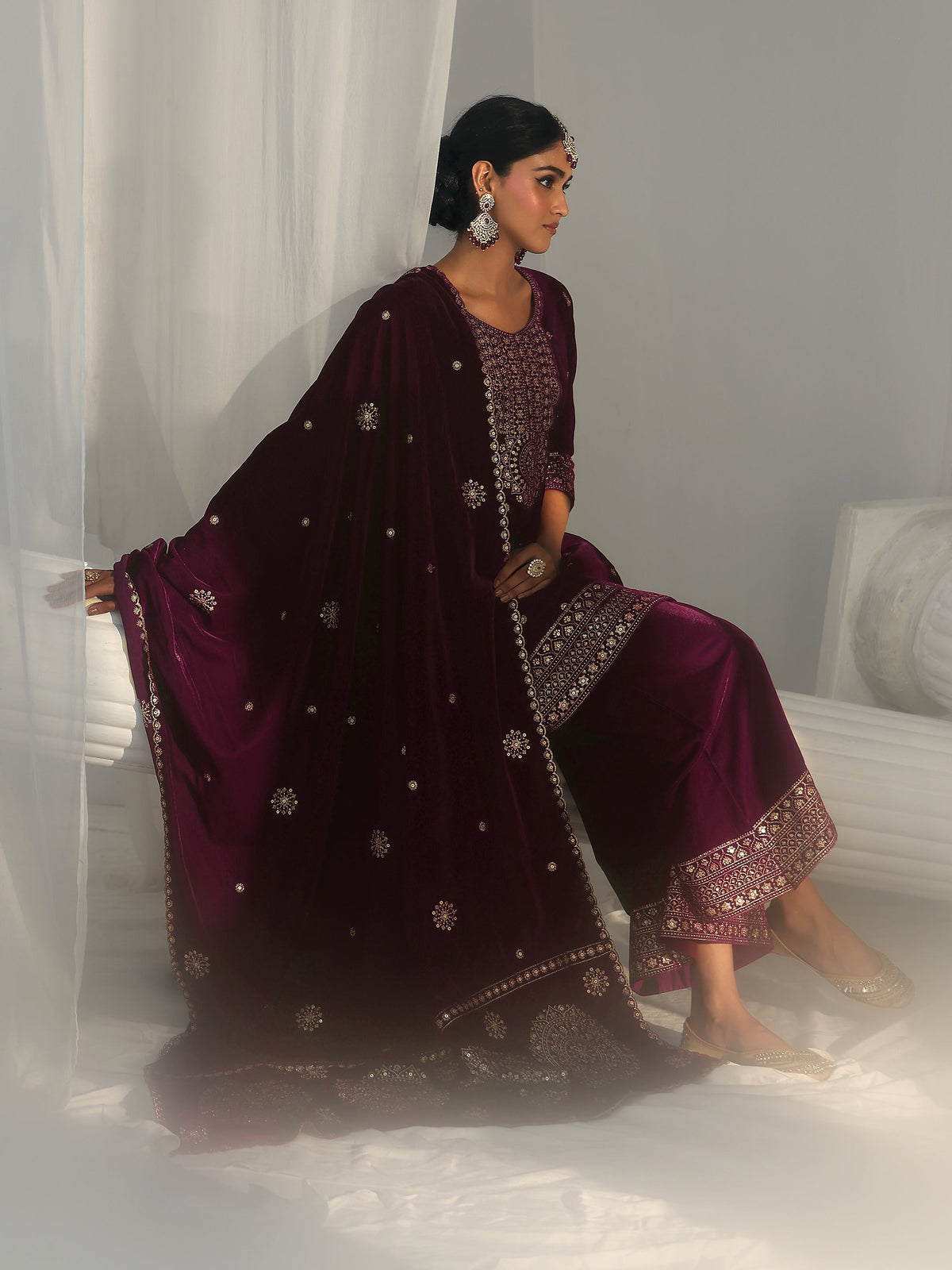 Anouk Maroon Embellished Velvet Straight Suit Set