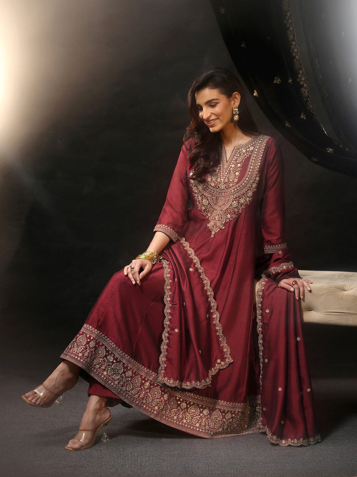 Anouk Maroon Embellished Yoke Design Silk Blend Anarkali Suit Set