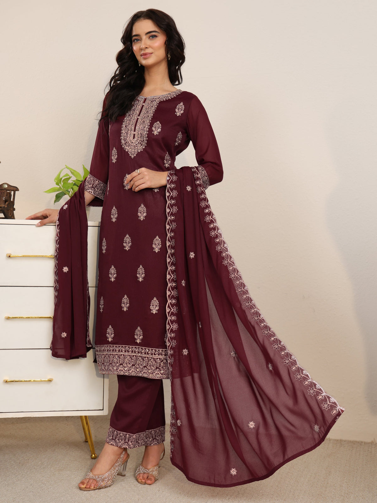 Anouk Maroon Embroidered Chinon Straight Suit Set