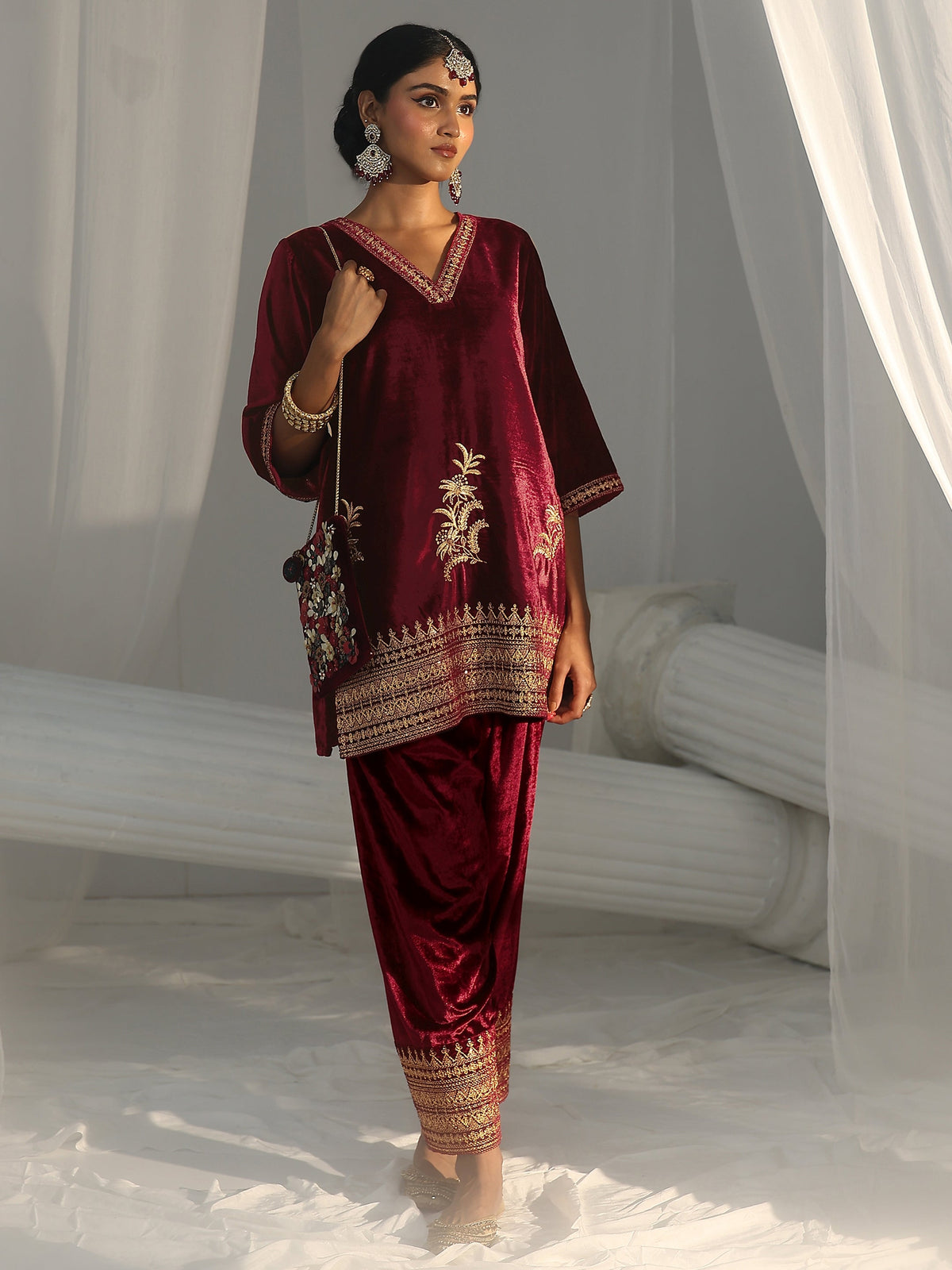 Anouk Maroon Embroidered Velvet Co-Ord Set