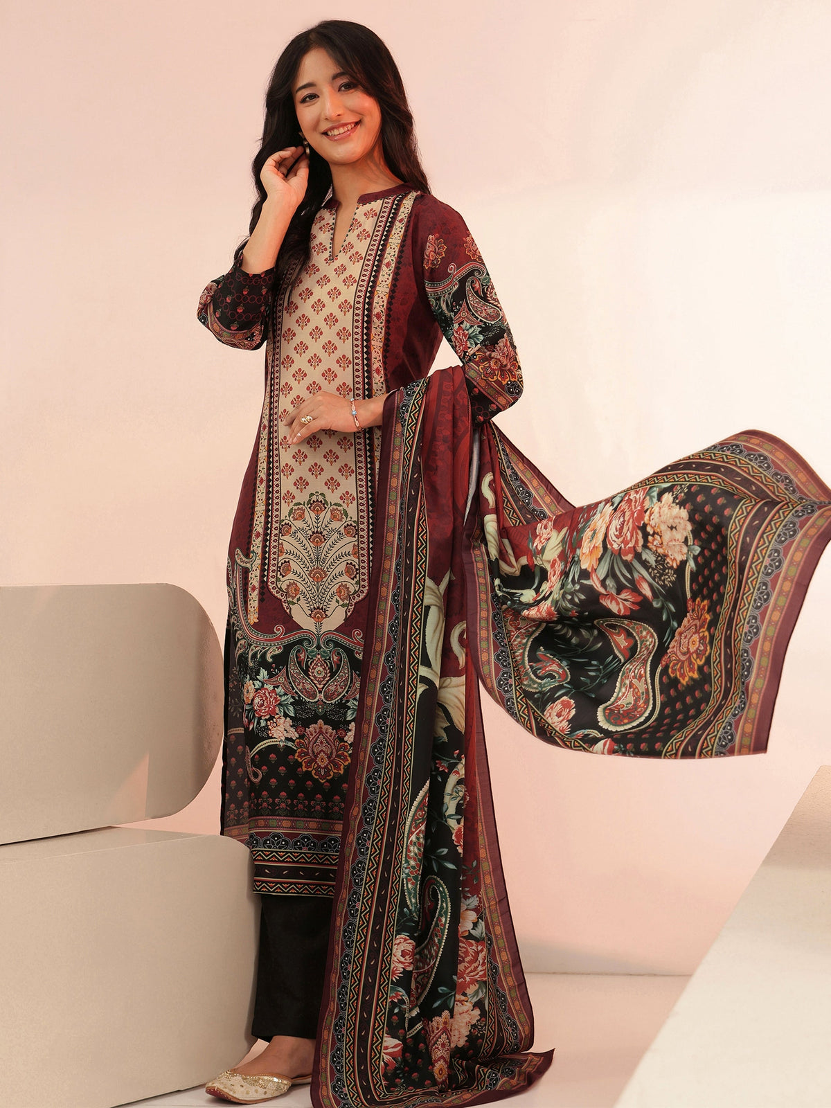 Anouk Maroon Ethnic Print Muslin Straight Suit Set