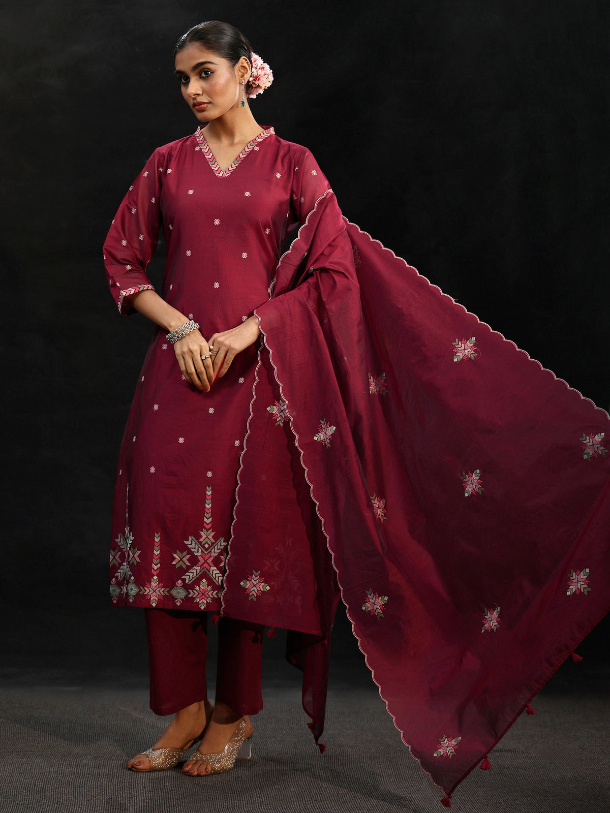 Anouk Maroon Red Embroidered Chanderi Silk Straight Suit Set