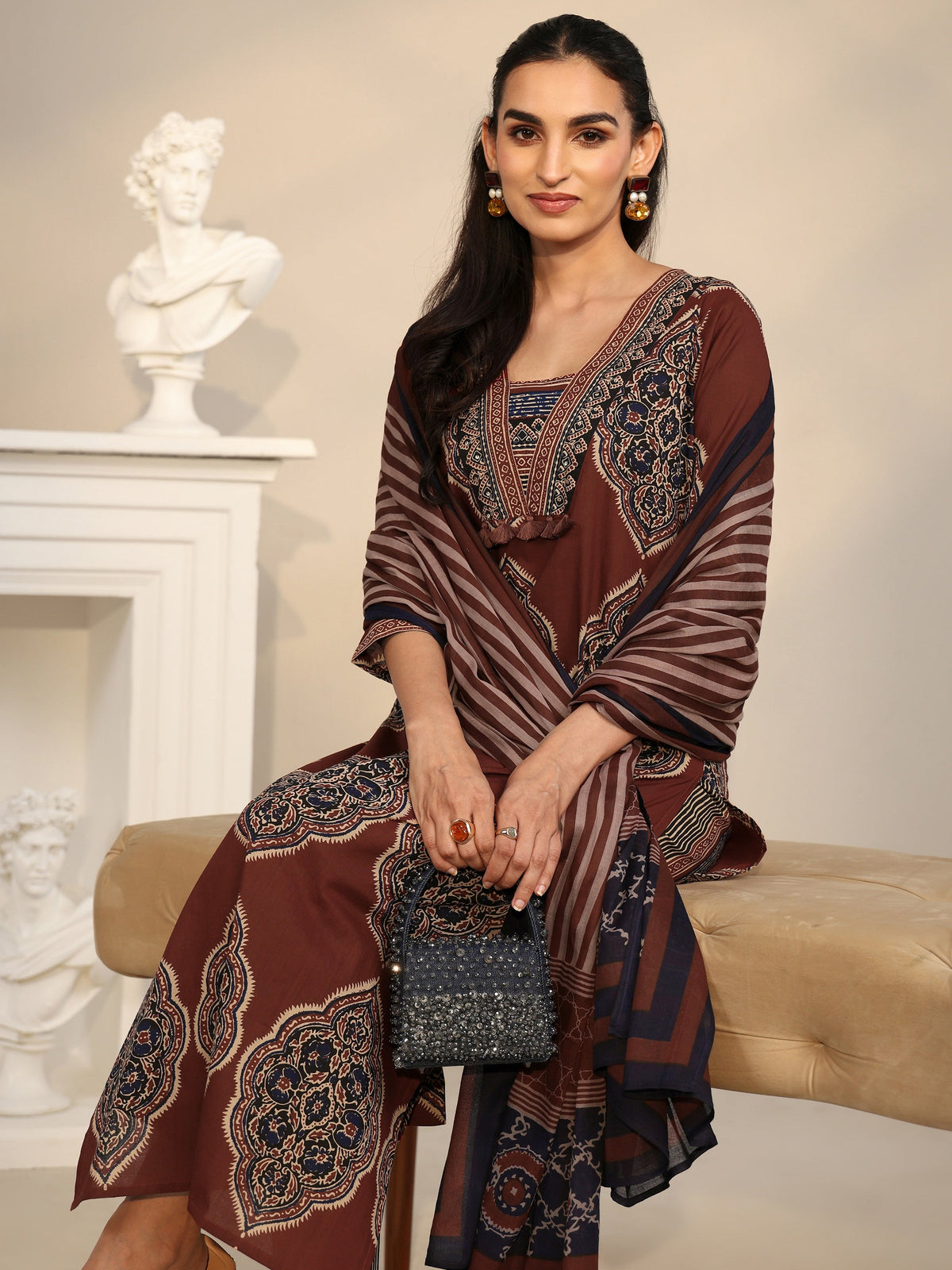 Anouk Maroon Red Printed Cotton Straight Suit Set with Tassel Yoke
