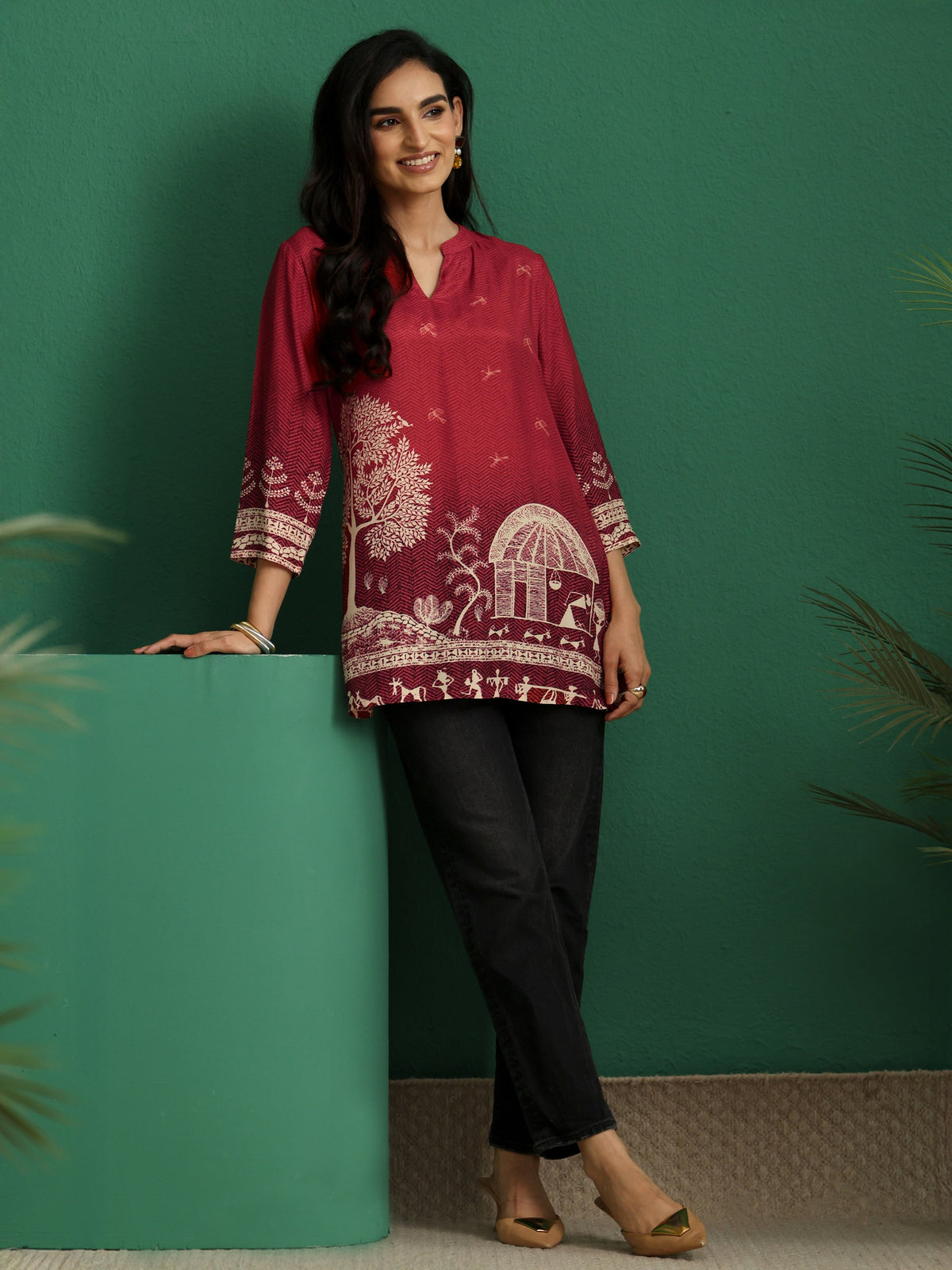 Anouk Maroon Red Warli Print Muslin Straight Short Kurti