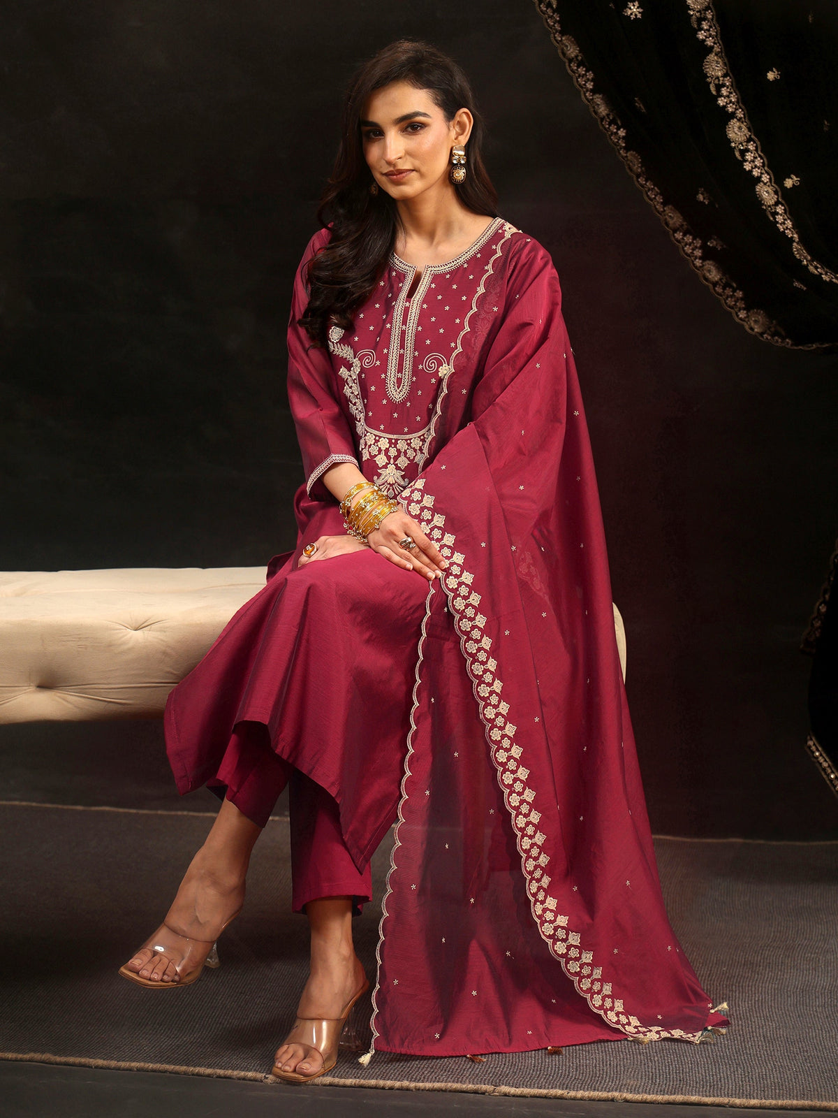 Anouk Maroon Red Yoke Embroidered Chanderi Silk Straight Suit Set
