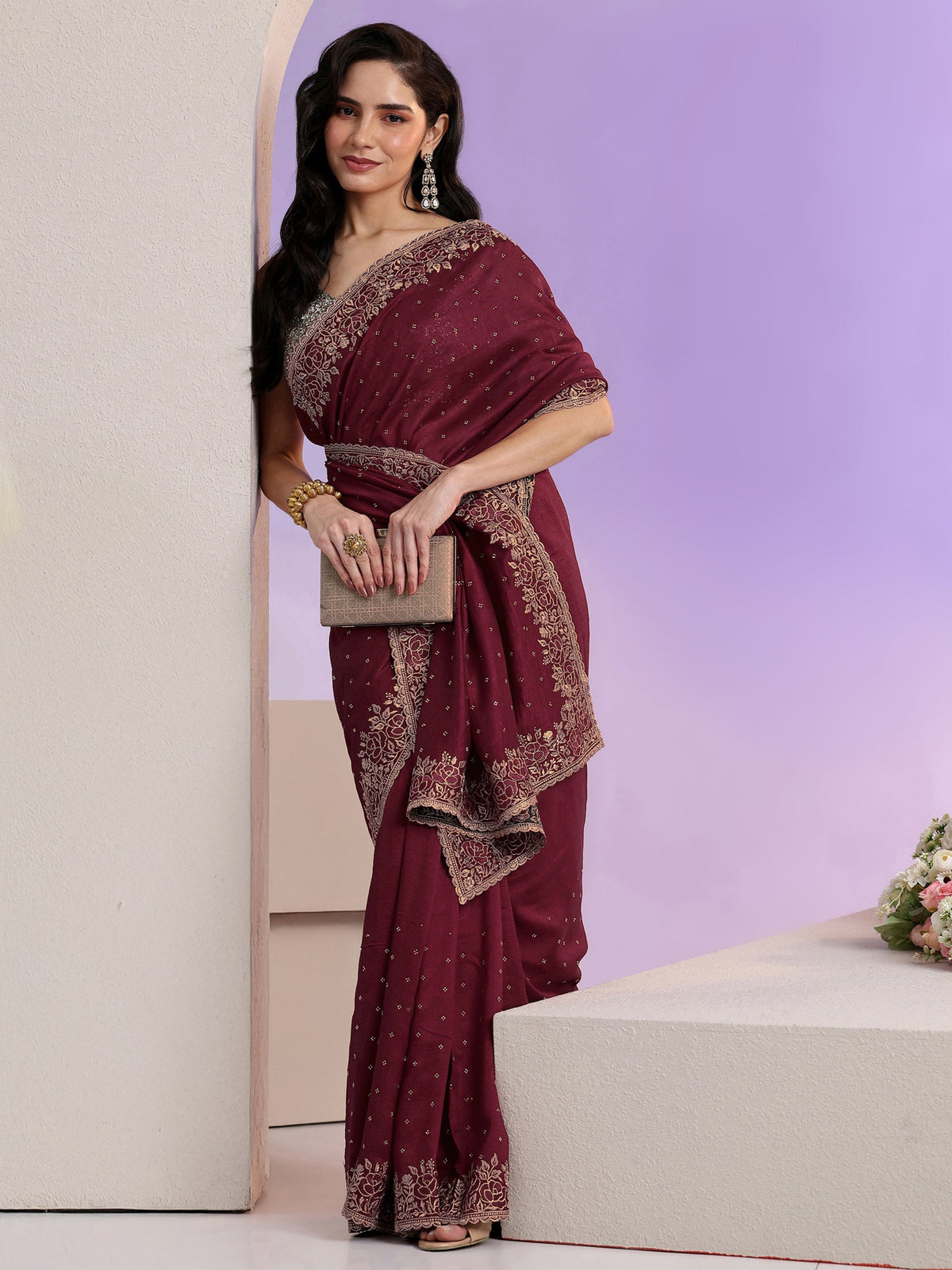 Anouk Maroon Stone Work Embelllished Silk Blend Saree