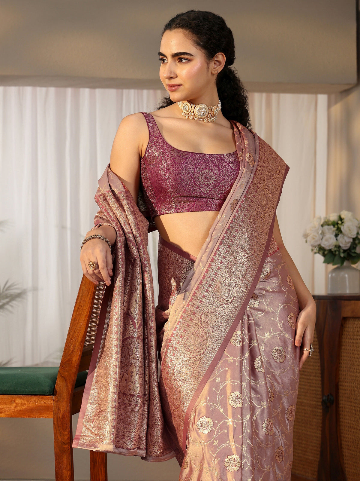 Anouk Mauve Banarasi Satin Saree