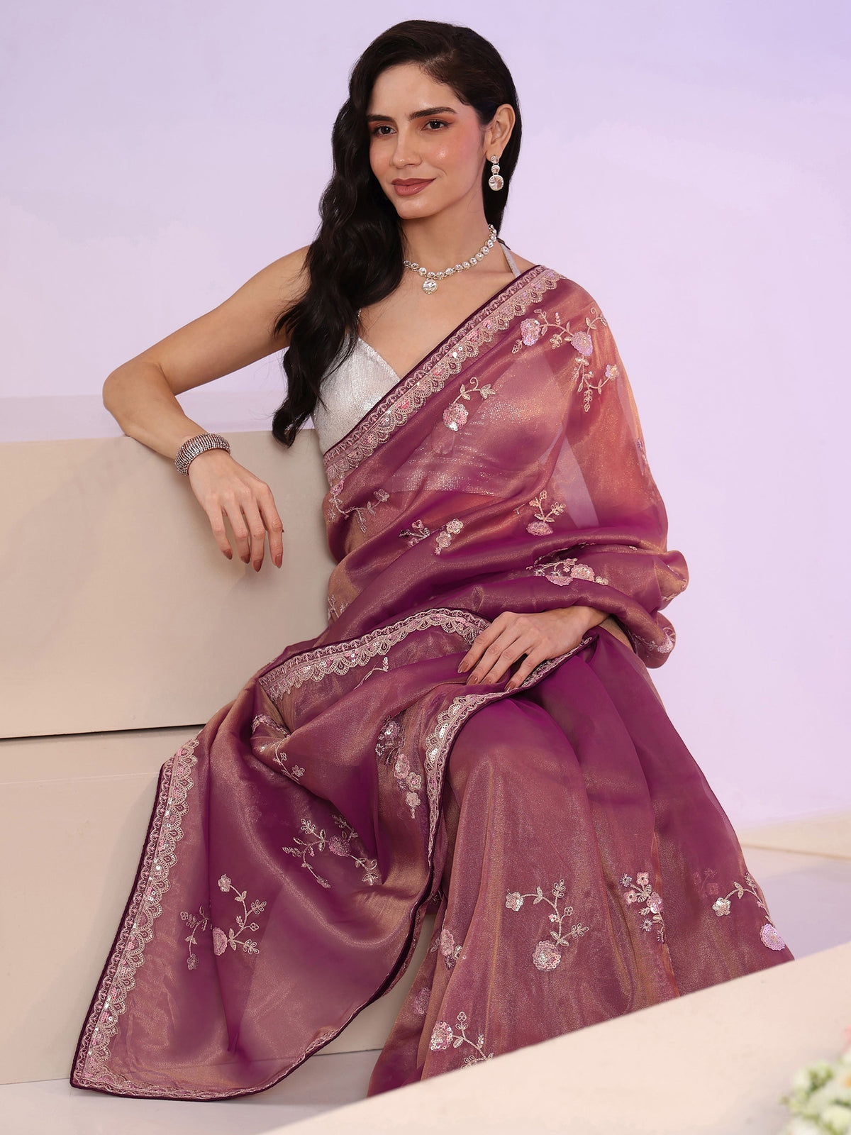 Anouk Mauve Floral Embellished Tissue Saree