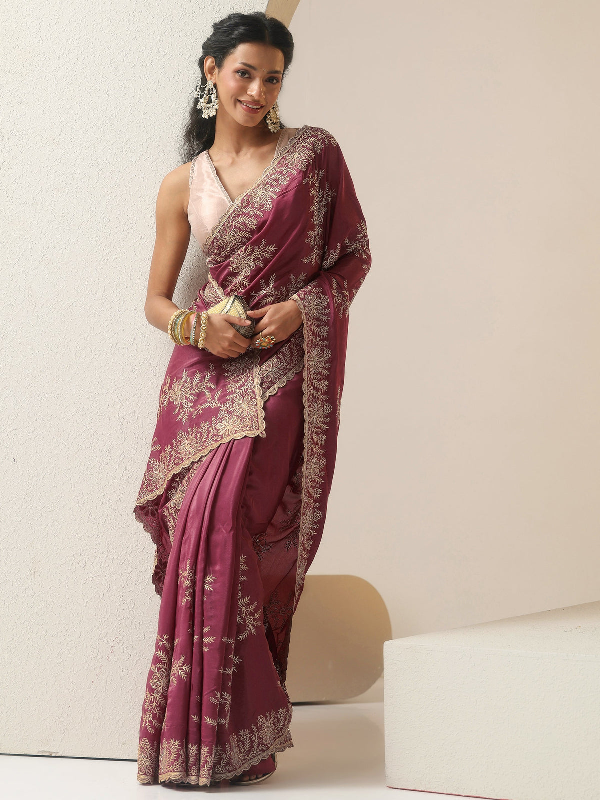 Anouk Mauve Floral Embroidered Satin Saree