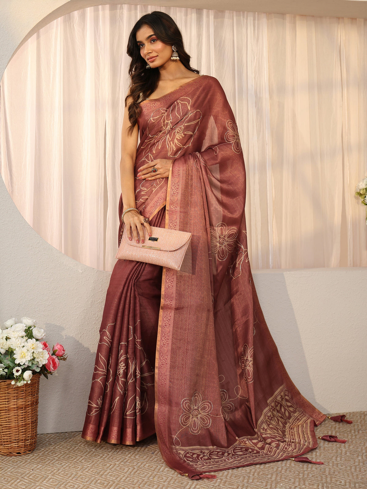 Anouk Mauve Floral Printed Silk Blend Saree with Woven Border