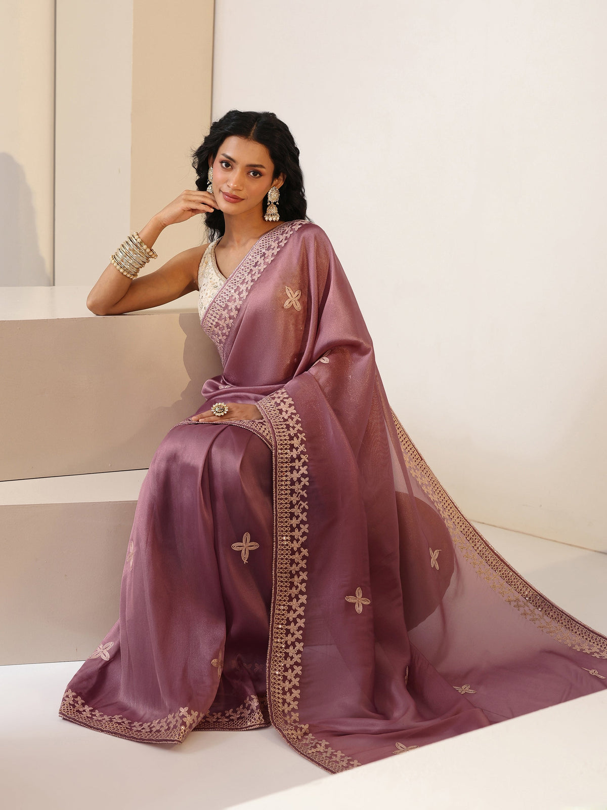 Anouk Mauve Mirror Work Embellished Tissue Saree