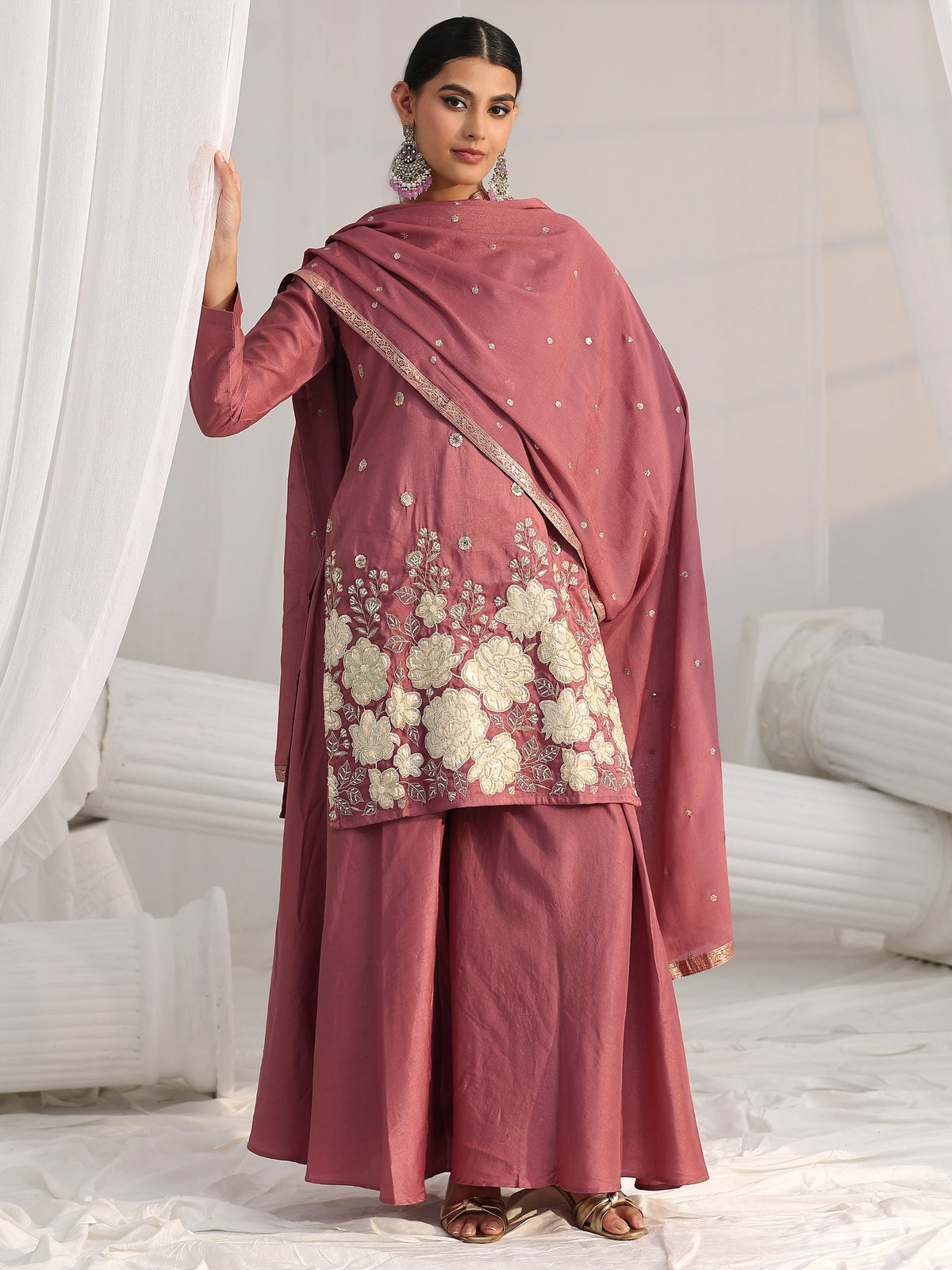 Anouk Mauve Pink Floral Embellished Silk Blend Palazzo Suit Set