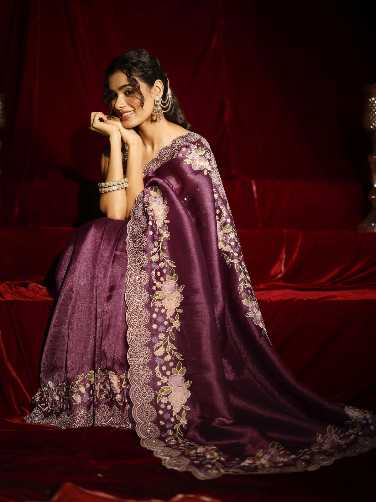 Anouk Mauve Solid Silk Blend Saree