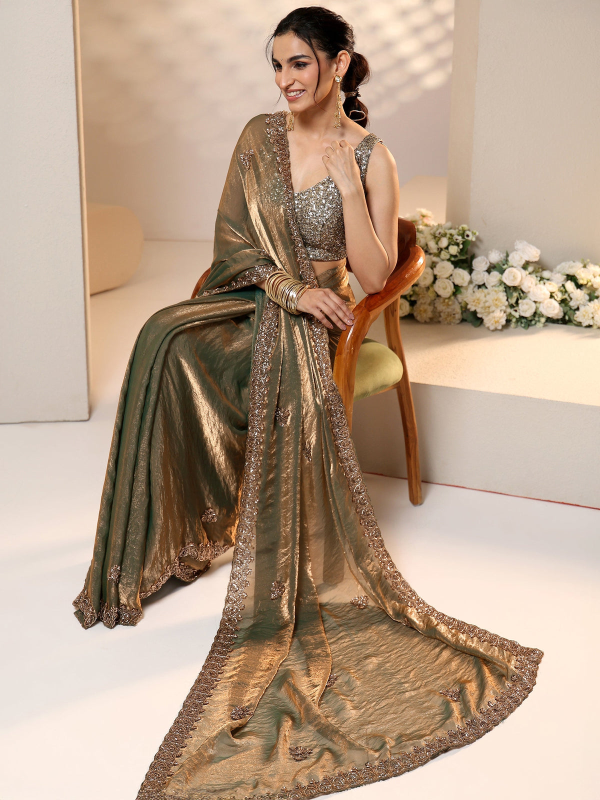 Anouk Metallic Olive Green Embellished Tissue Saree