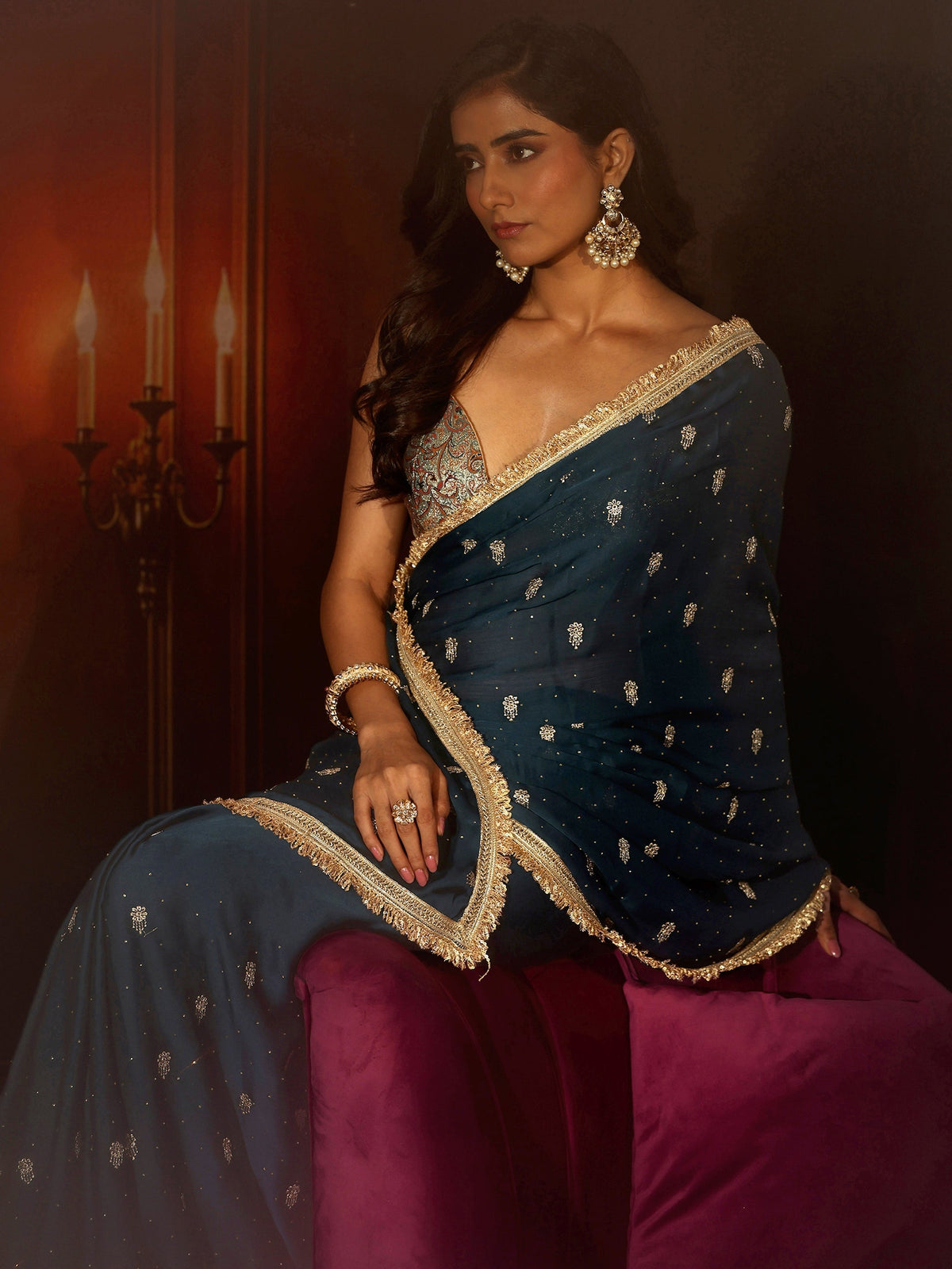Anouk Midnight Blue Embellished Chinon Saree with Gota Border