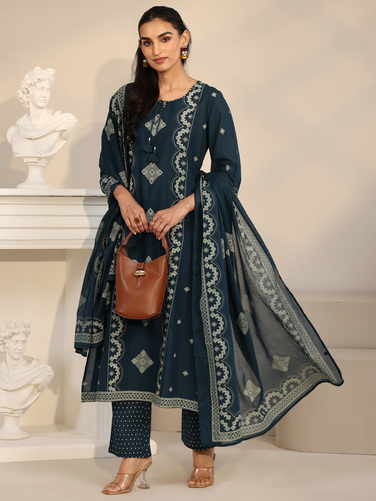 Anouk Midnight Blue Printed Cotton A-line Suit Set
