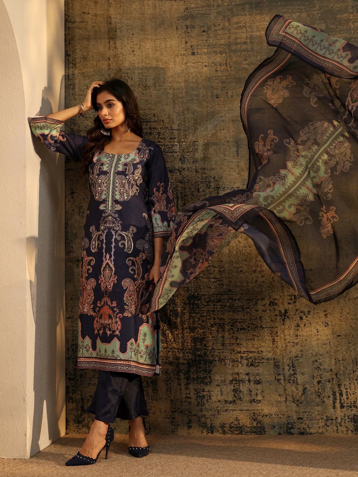Anouk Midnight Purple Paisley Print  Silk Blend Straight Suit Set