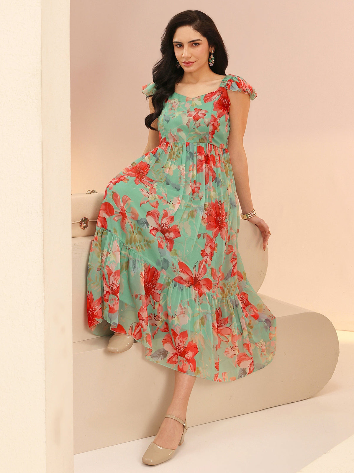 Anouk Mint Green Floral Printed Chiffon A-Line Dress
