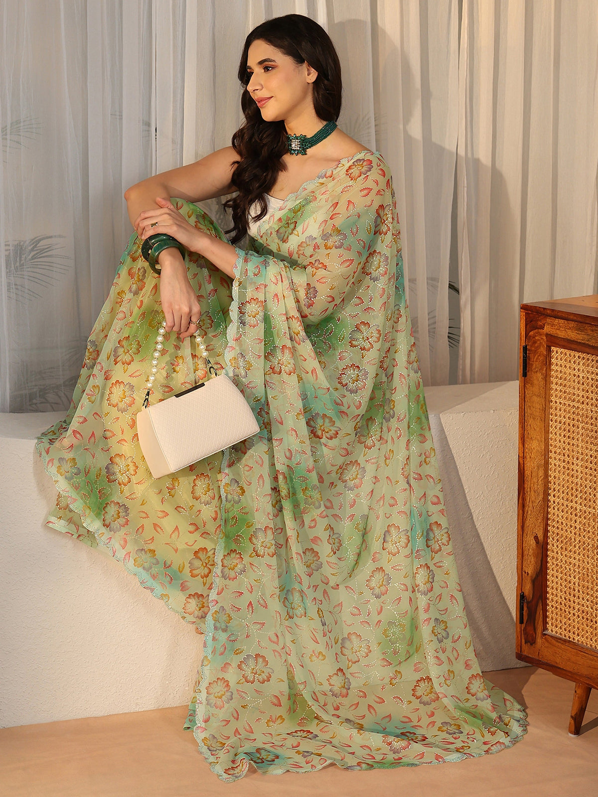 Anouk Mint Green Floral Printed Georgette Saree