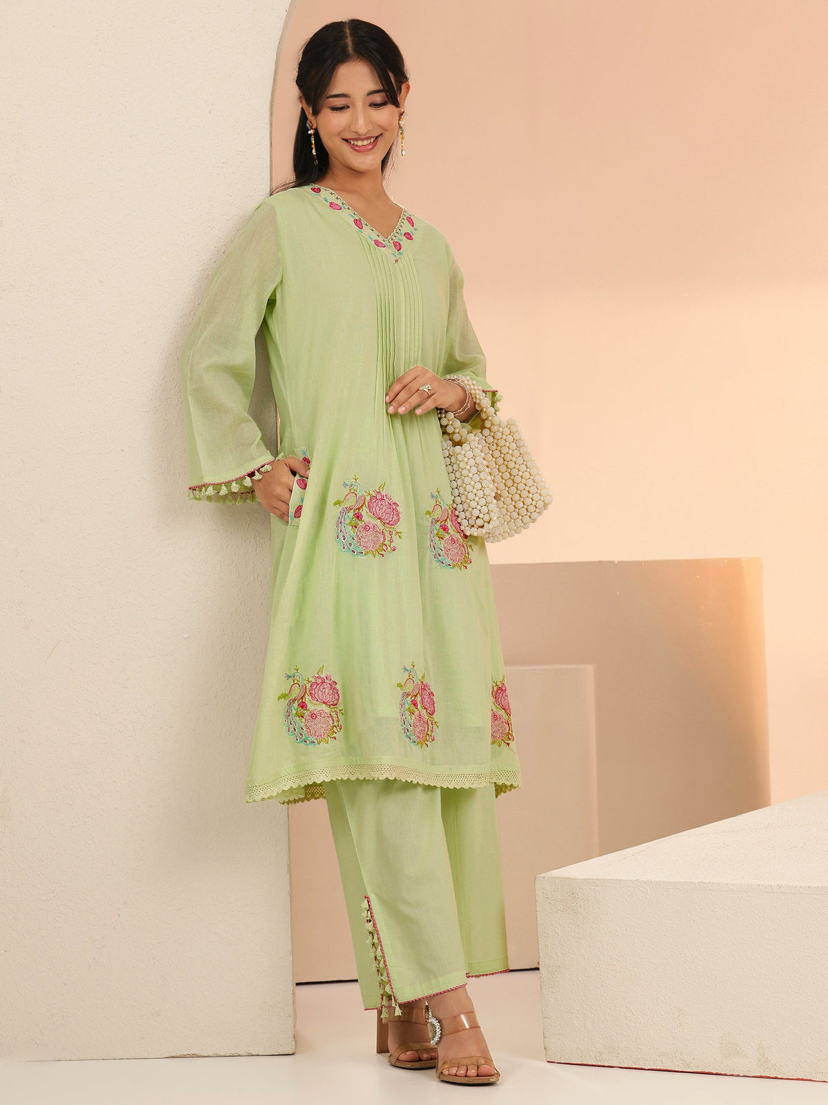 Anouk Mint Green Peacock Motif Cotton A-Line Kurta Set