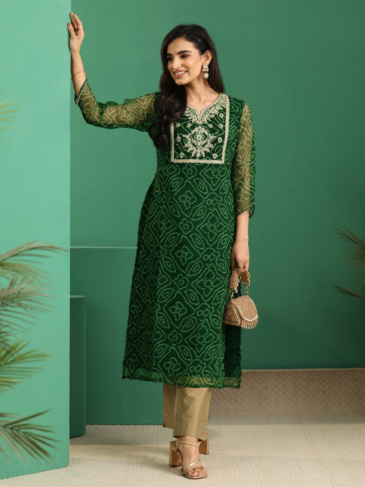 Anouk Moss Green Bandhani Printed Chiffon Straight Kurta