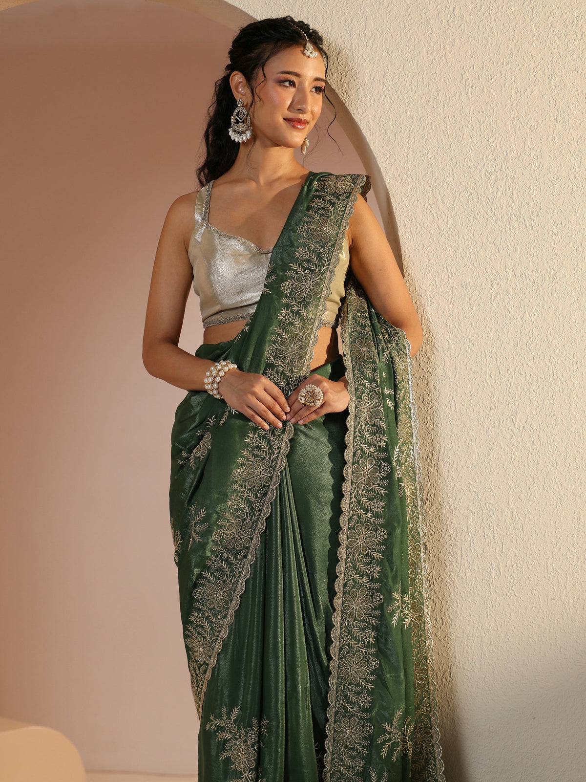 Anouk Moss Green Floral Embroidered Satin Saree
