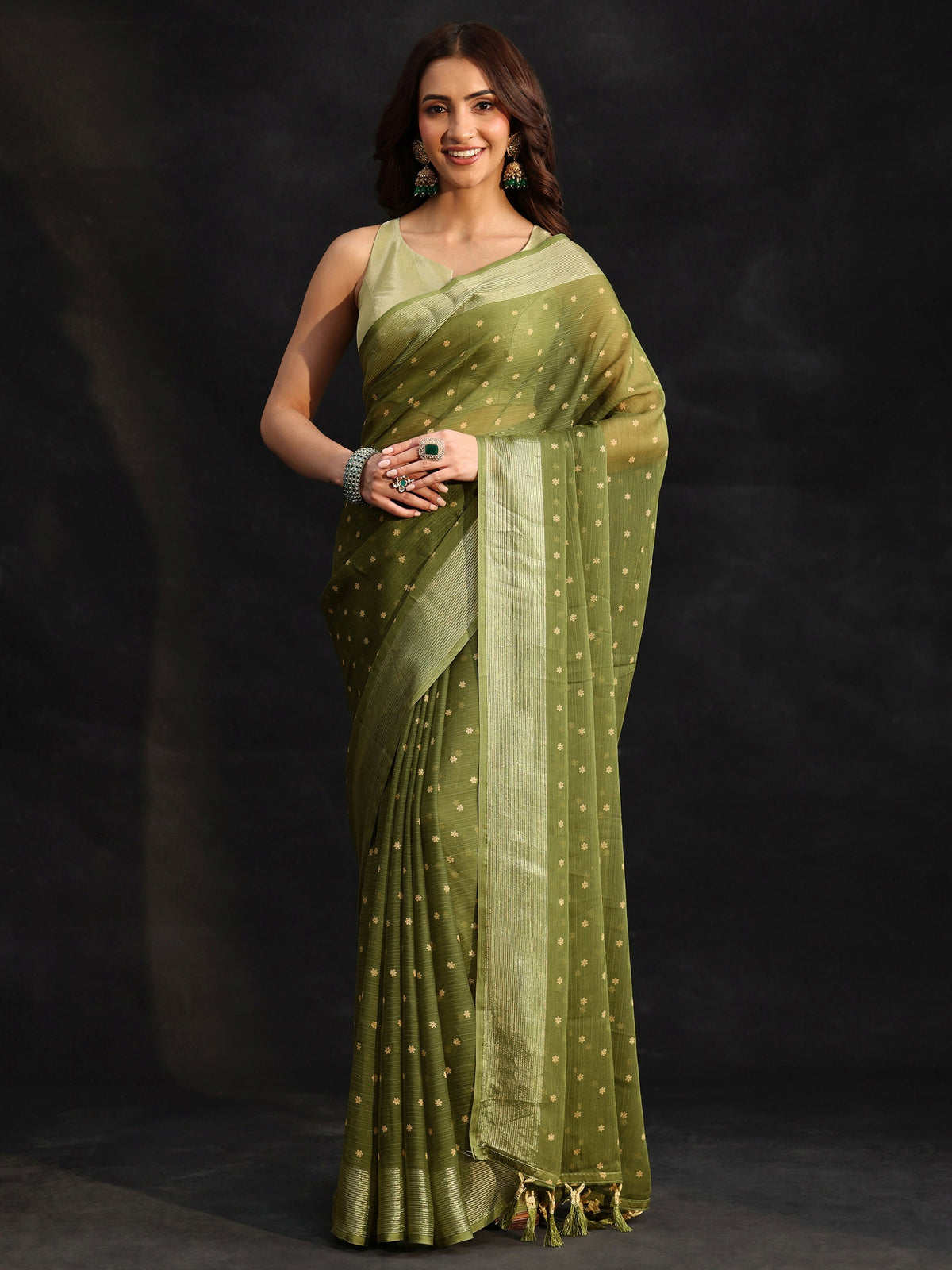 Anouk Moss Green Floral Printed Chiffon Saree