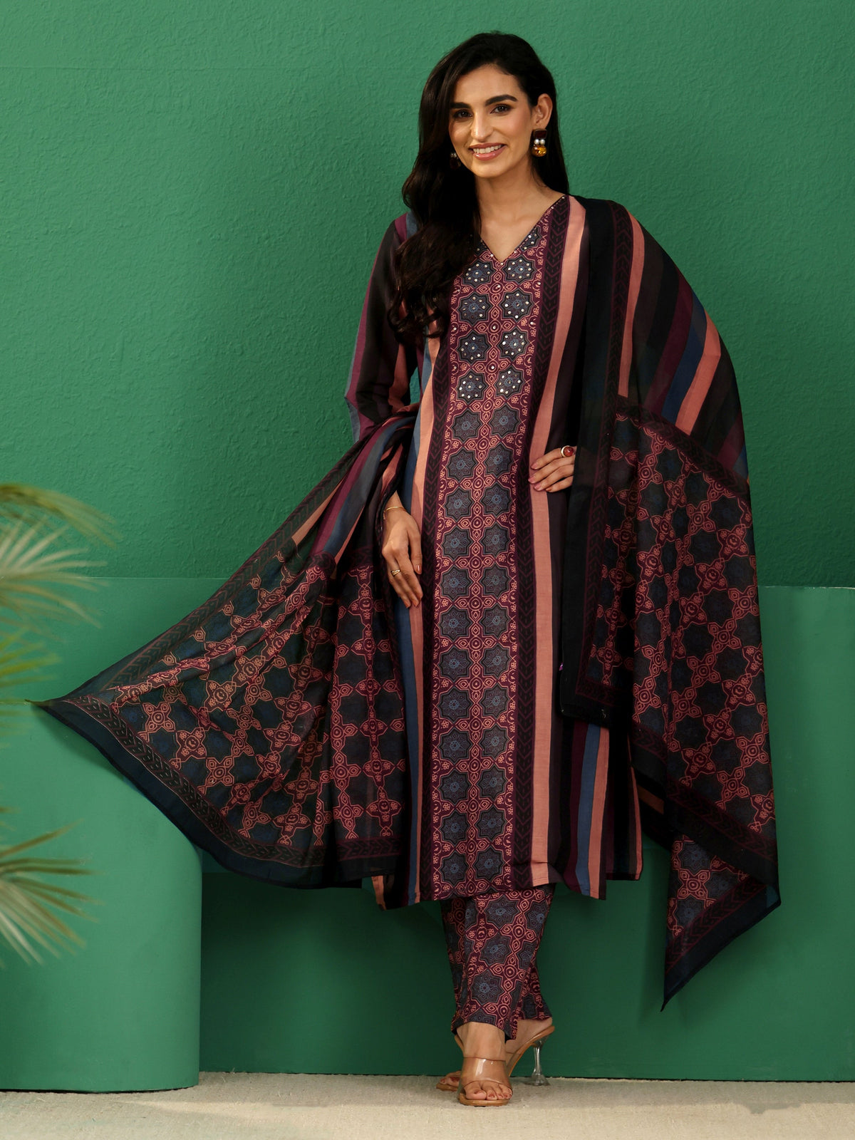 Anouk Multi Colour Ajrakh Cotton Straight Suit Set