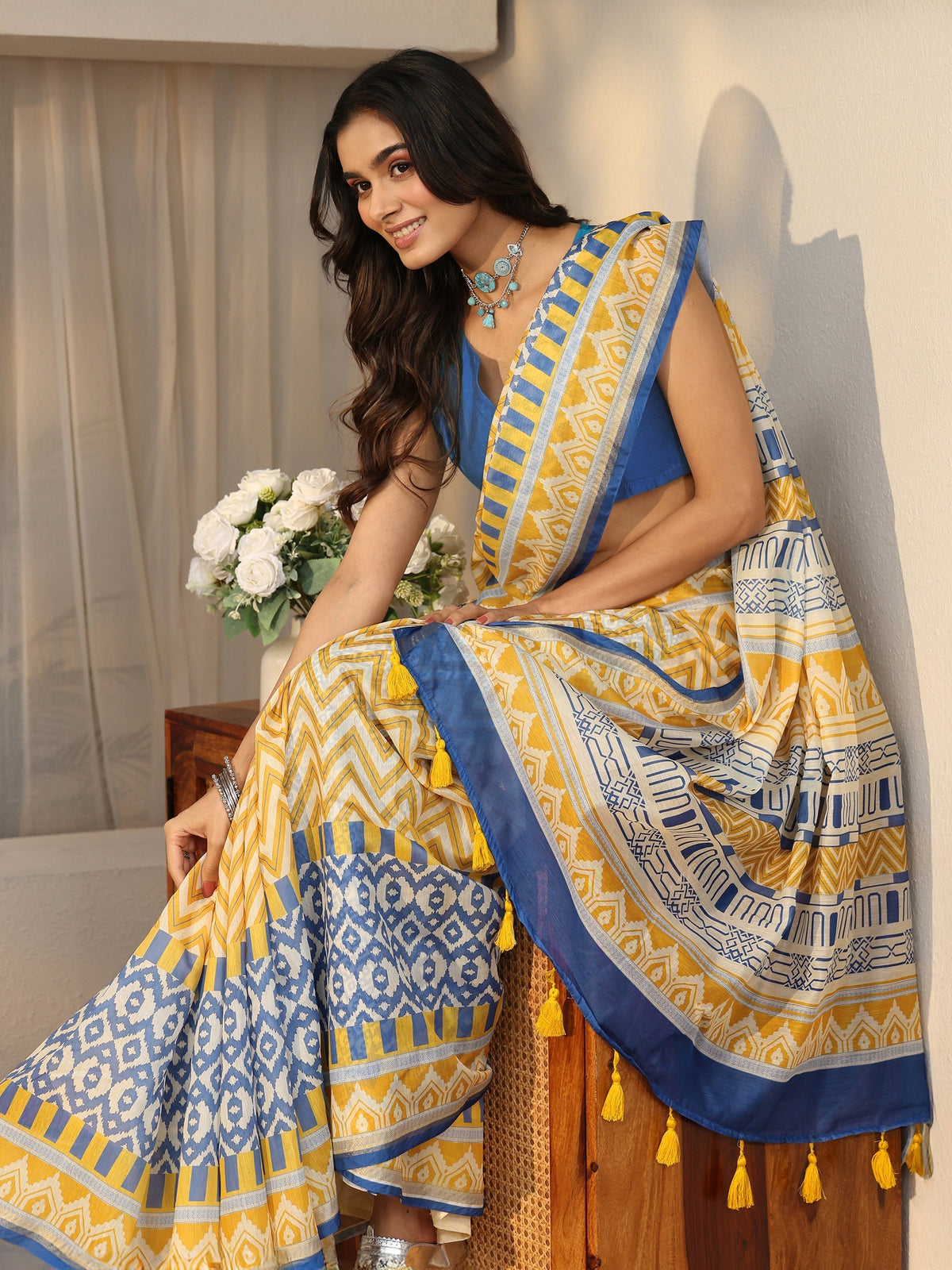 Anouk Multi Colour Chevron Printed Cotton Blend Saree