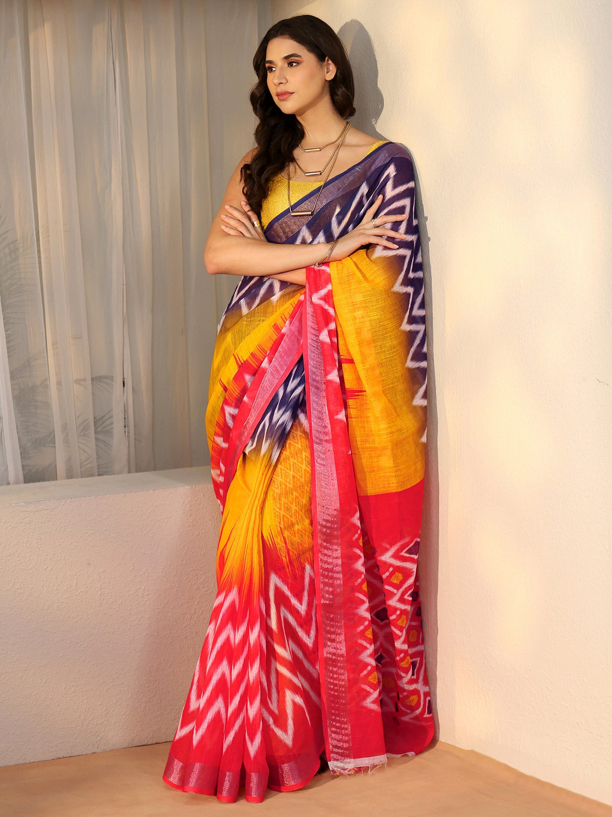 Anouk Multi Colour Ikat Style Chevron Printed Cotton Blend Saree
