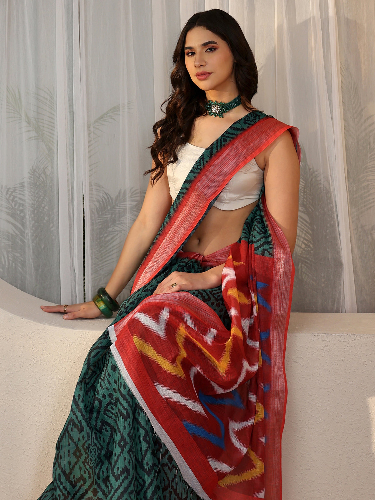 Anouk Multi Colour Ikat Style Chevron Printed Cotton Blend Saree