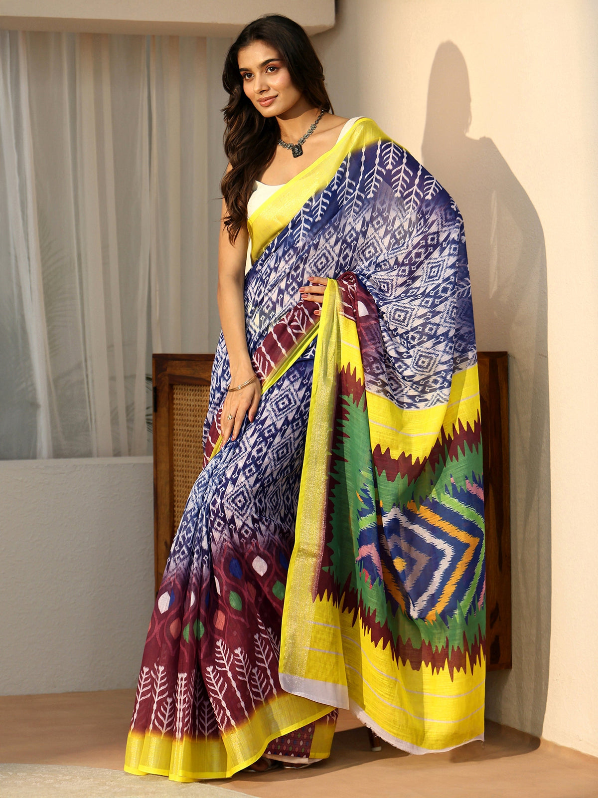 Anouk Multi Colour Ikat Style Printed Cotton Blend Saree
