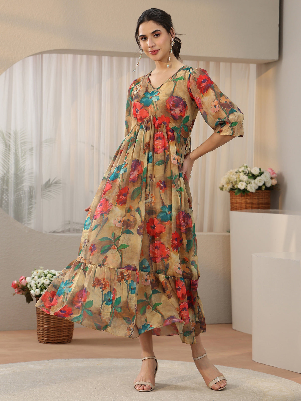 Anouk Multicolour Floral Printed Empire Chiffon Dress