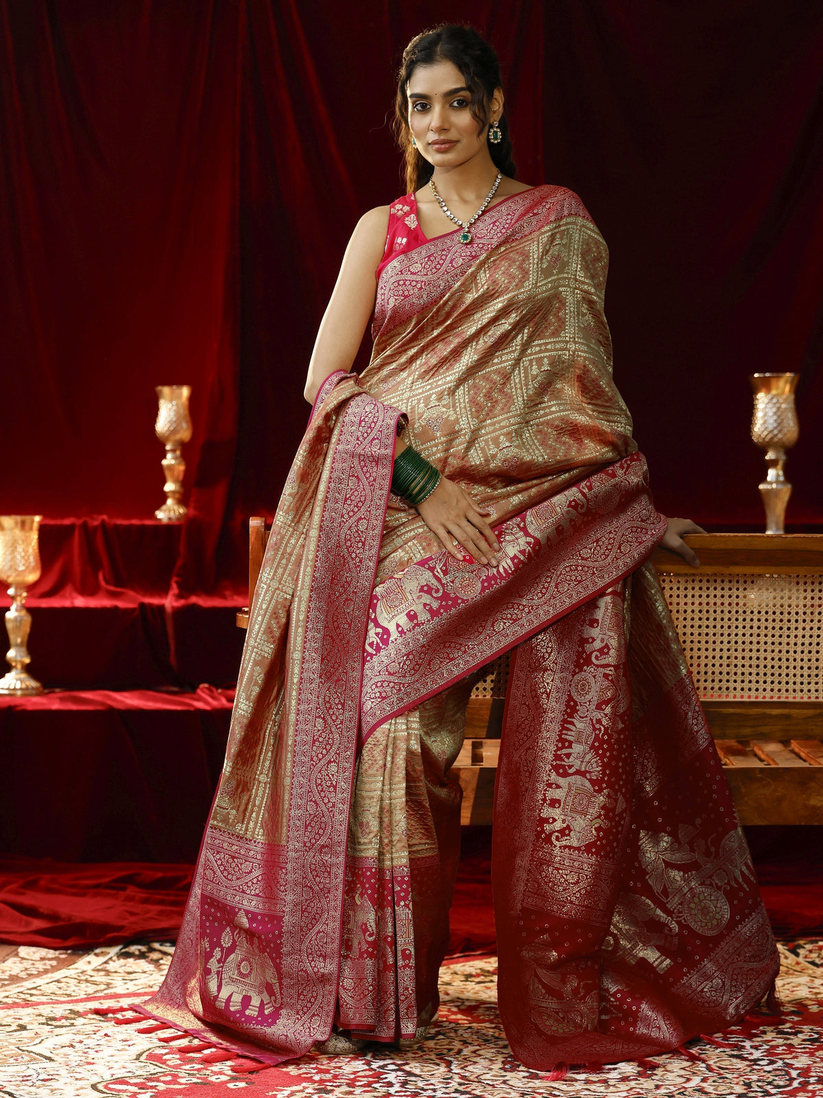 Anouk Mustard Badhani Woven Design Silk blend Saree with dupatta