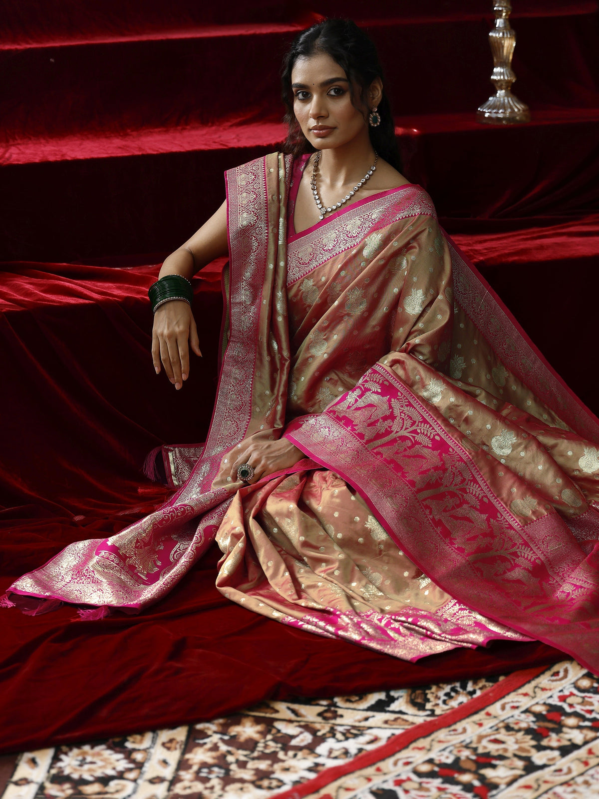 Anouk Mustard Badhani Woven Design Silk blend Saree with dupatta