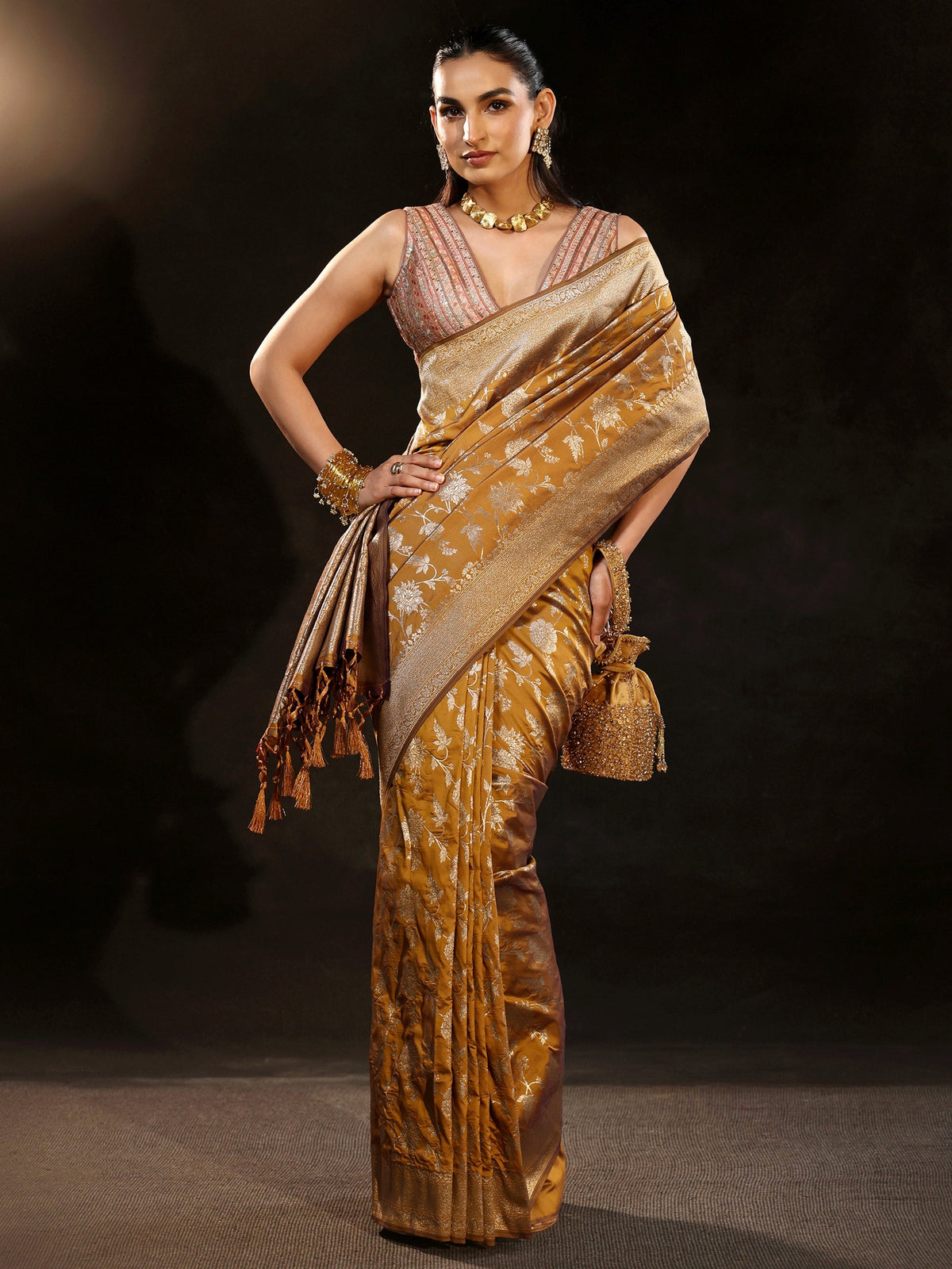 Anouk Mustard Banarasi Silk Blend Saree