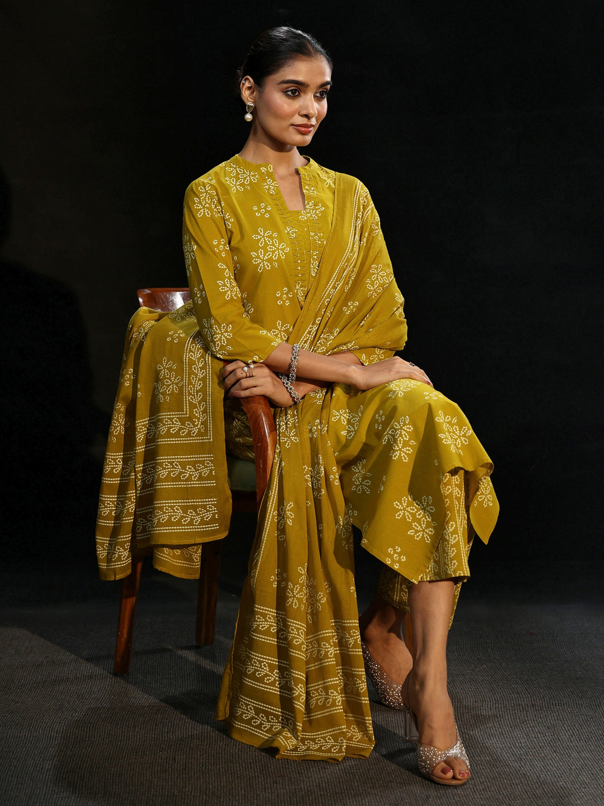 Anouk Mustard Bandhani Cotton Straight Suit Set