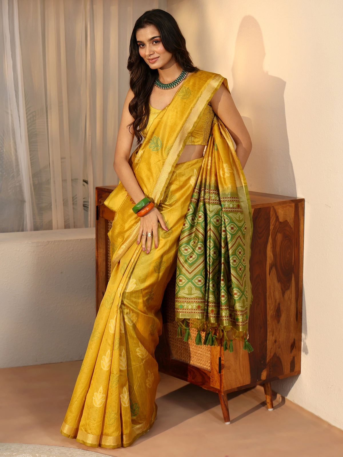 Anouk Mustard Bandhani Silk Blend Saree