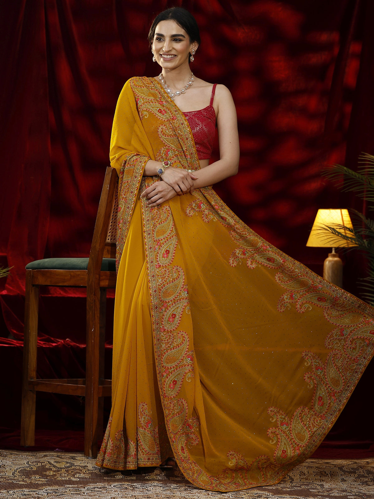 Anouk Mustard Embellished Georgette Saree