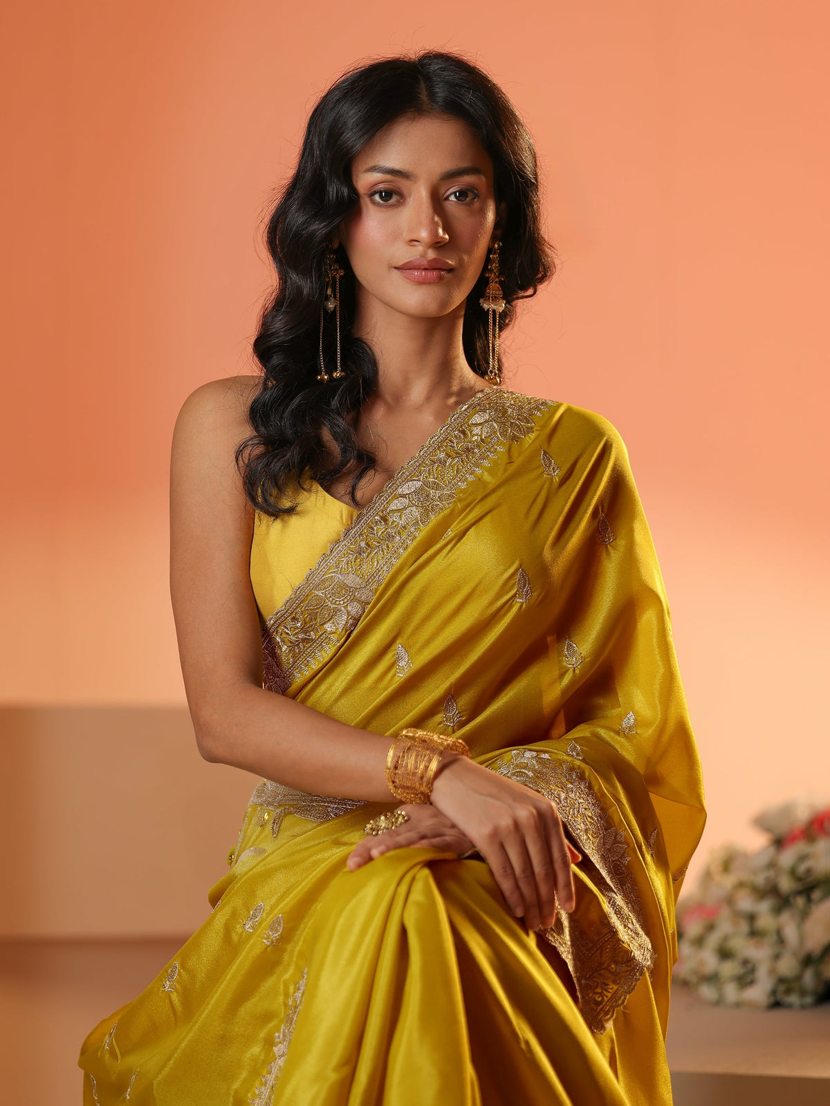 Anouk Mustard Embroidered Silk Blend Saree