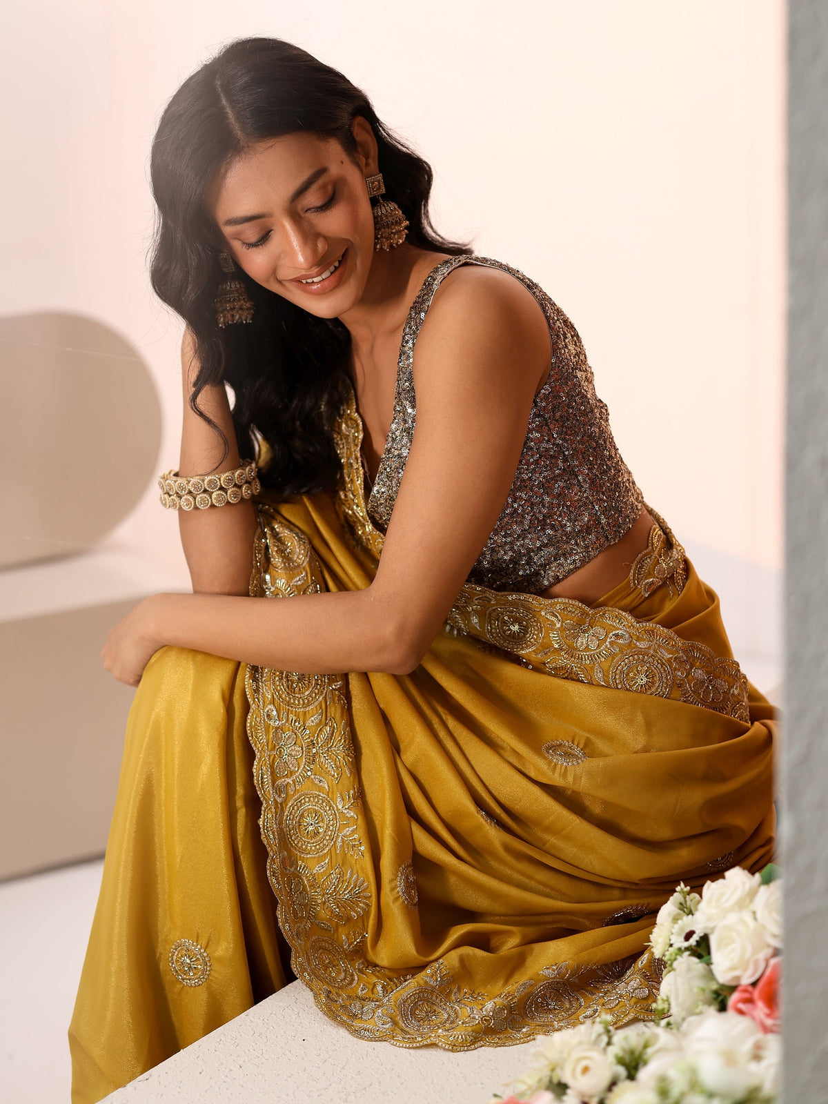 Anouk Mustard Embroidered Silk Blend Saree