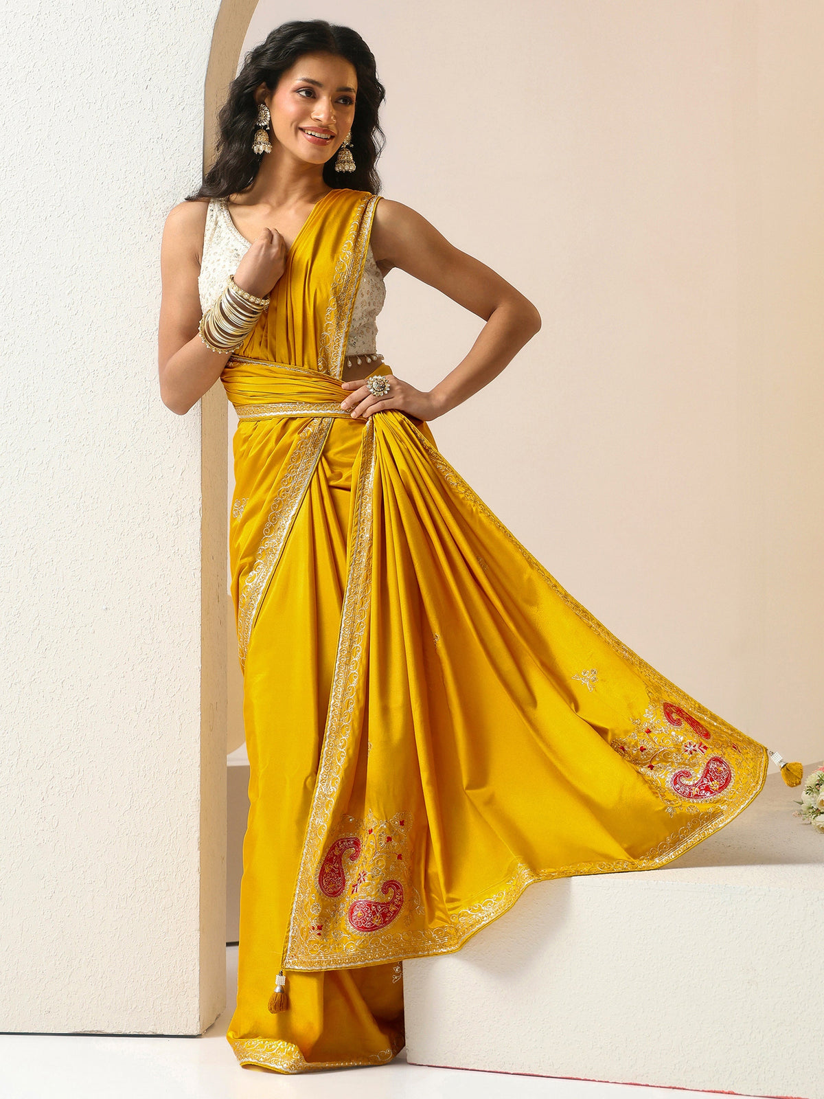 Anouk Mustard Embroidered Silk Blend Saree