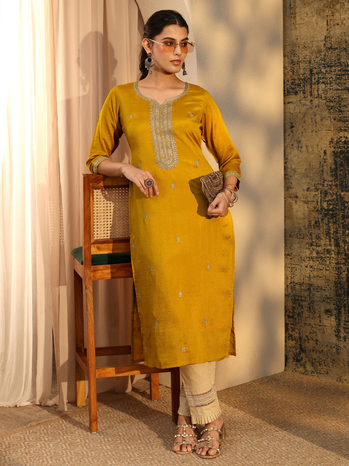 Anouk Mustard Embroidered Silk Blend Straight Kurta